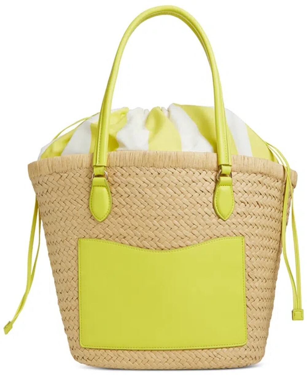 On 34th "Isabellaa" Straw Medium Drawstring Tote in Lime Yellow & White